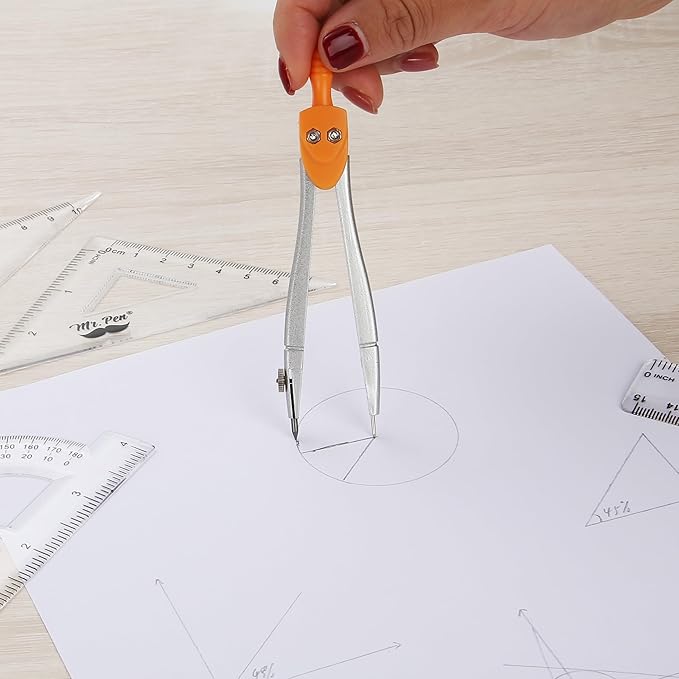 Mr. Pen- Geometry Set, 13 pcs, 3 Metal Compasses, Protractor, 6" Ruler, 45° & 30°/60° Set Squares, Pencils, Lead Refills, Sharpener & Eraser for Math, Drafting & Classroom Use