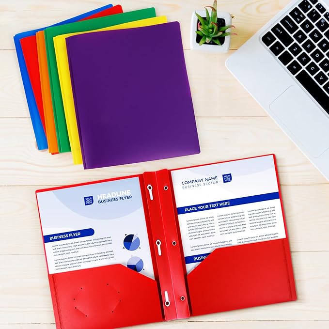 6-Pack Plastic Folders with Pockets and Prongs,2-Pocket Folders with 3 Fasteners, Holds 8-1/2" x 11" Paper for School/Office/Home, Assorted