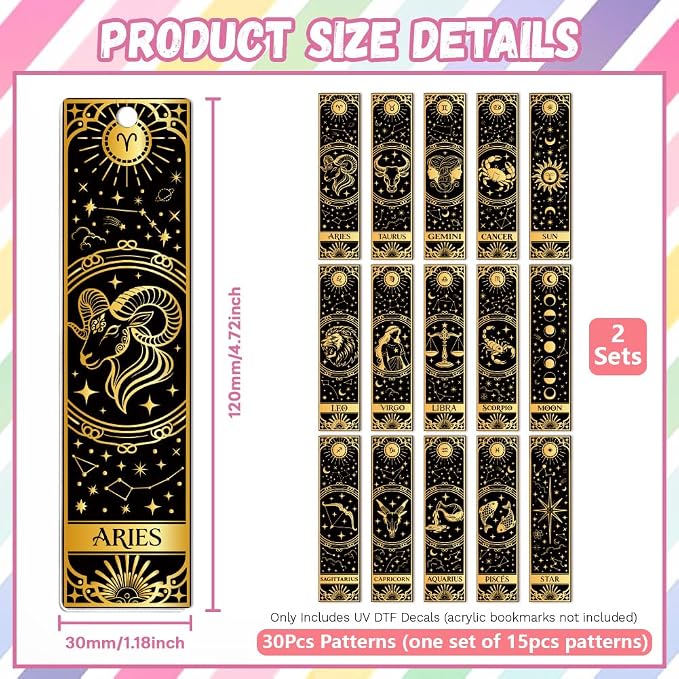 Peacoblue 30pcs UV DTF Bookmarks Transfer Stickers Wraps 12 Constellations for Women Men Reading, Waterproof Bookmarkers Decal(No Blank Bookmarks) for Acrylic Plastic Metal Blank Bookmark