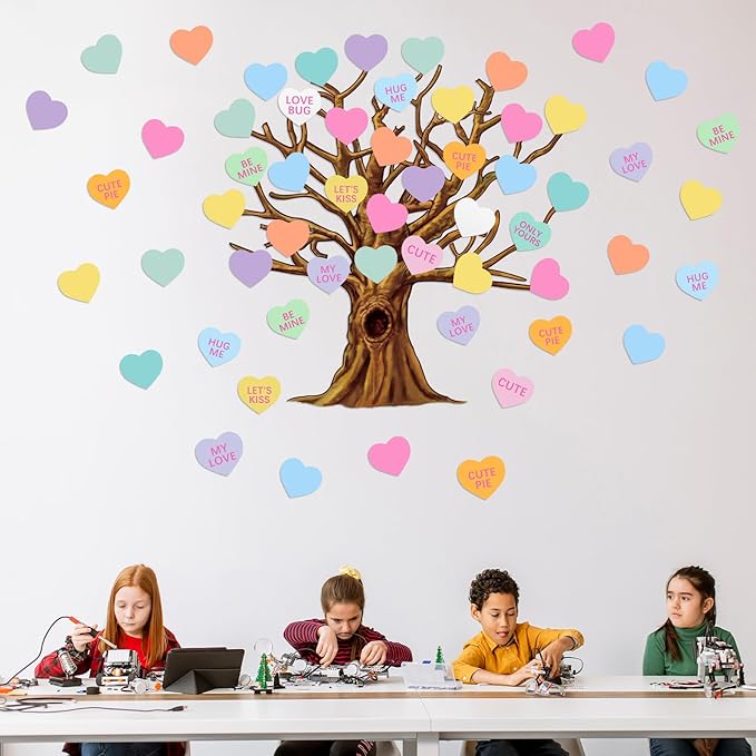 Gersoniel 90 Pieces Valentines Day Classroom Tree Bulletin Board Decorations Heart Shape Conversation Cutouts Stickers for Classroom Chalkboard Home Wall Decor