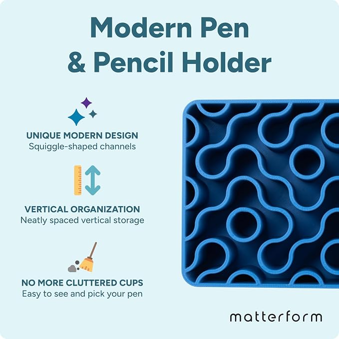 Modern Desk Pen & Pencil Holder Organizer | Unique Squiggle Design, Matte Finish, Non-Slip Rubber Feet | Stylish Office Desk Accessory & Storage for Home, Work, Classroom (Matte Blue)