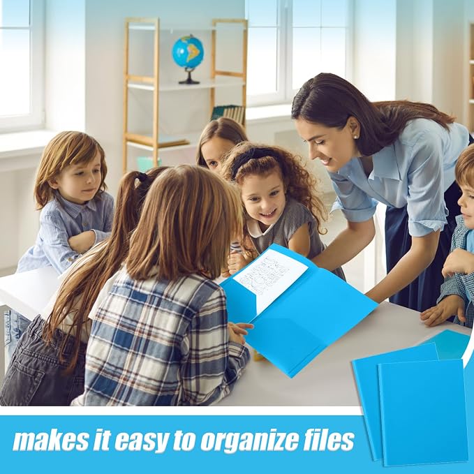Gueevin 100 Pack Plastic Folder with Pockets, 2 Pocket Folders, Plastic Glossy Folders Fit Letter Size Paper, Heavy Duty Durable File Folder with Business Card for Home Office School (Lake Blue)