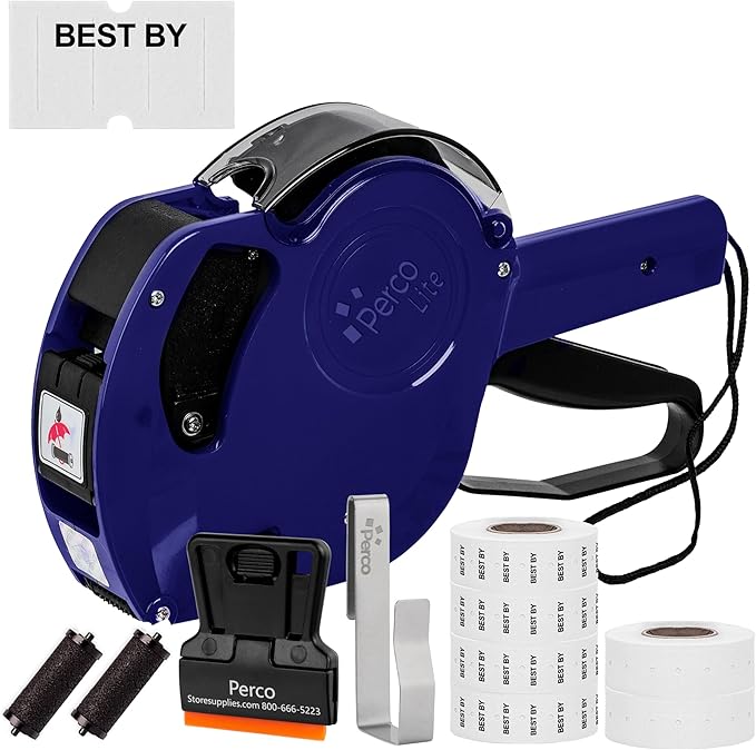 Perco Lite 1 Line Date Gun Kit - Includes 2 White Rolls, 1 Gun Clip, 4 Rolls of Best by Labels, 2 Ink Rollers - 1 Ink roll and Labels Pre-Loaded
