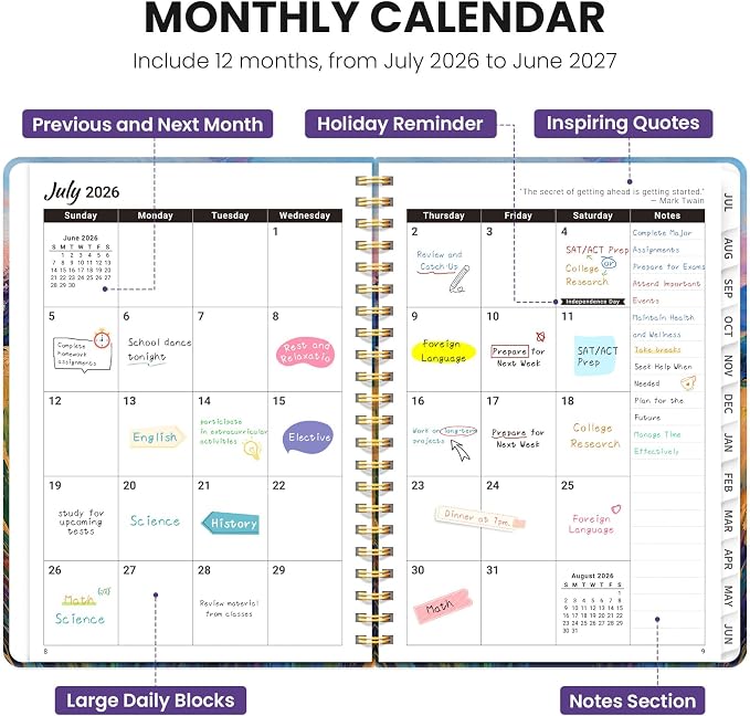 Planner 2026–2027, Academic Planner Weekly and Monthly Calendar Jul 2026 – Jun 2027 Hardcover Planner with Tabs and Pocket, Spiral Bound Agenda Book for Student & Teacher, 6.3" x 8.5", Golden Meadow