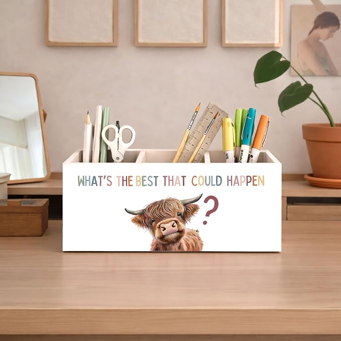 What’s The Best That Could Happen Cow 3-Compartment Desk Organizer, Wooden Pencil Holder for Pens, Pencils, Scissors & Rulers, Cute Farm Animal Theme for Home, Kids, Office