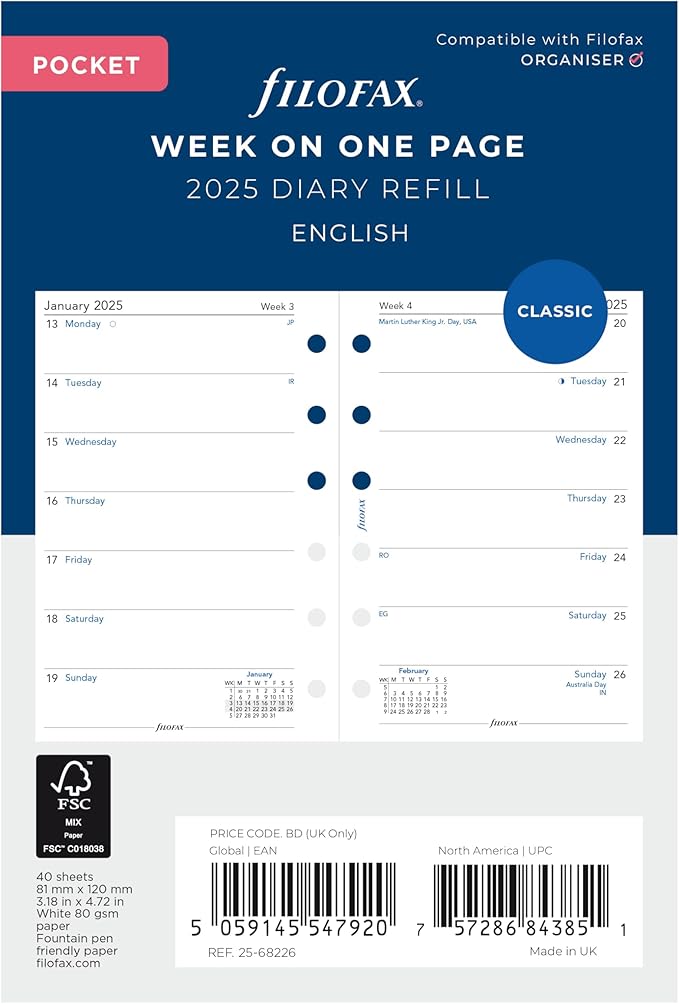 Filofax Calendar Diary Refill, Pocket Size, Week on One Page, White Paper, Unruled, English, 2025 (C68226-25)