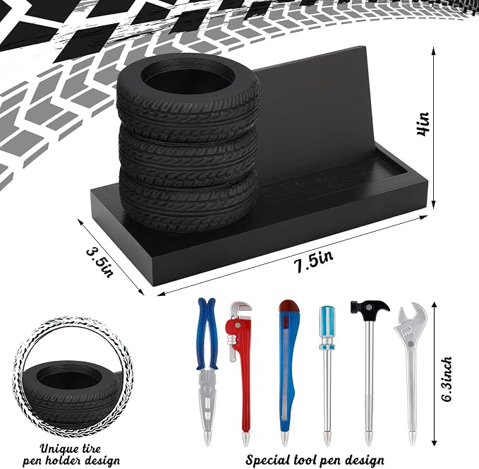 Feifeiya 7 Pcs Tire Pen Holder Tire Shape Funny Desk Accessories Include 6 Pcs Novelty Tool Car Business Card Holder Gift for Men Father's Day Mechanic Car Lover Salesman(Black,Wood)
