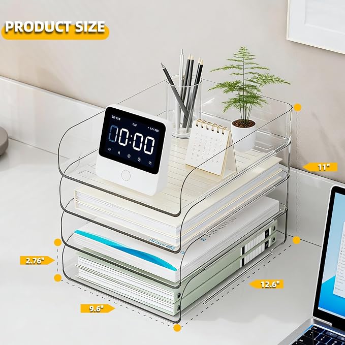 HIYOHIYO Clear Office Desk Organization for A4 Letter Paper, 4-Tier | Vertical Style, Stackable, Large Capacity, Sturdy Office Organizer for File Folder, Stable Home Desktop Holder and Storage