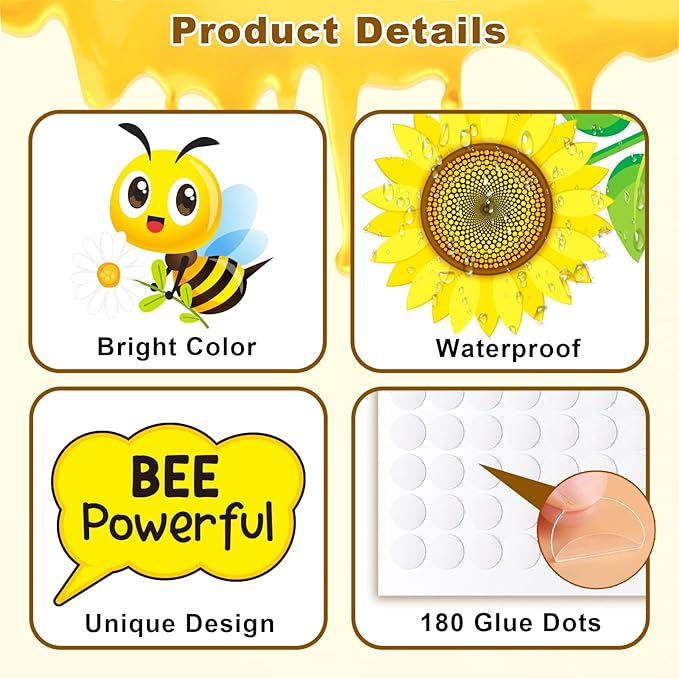 60 PCS Bee Theme Classroom Decorations- Bee Hive Cutouts Bee Bulletin Board Decoration Set Sunflower Cutouts Decor for Bulletin Board Classroom Back to School Library Hoom Window Wall Bee Theme Decor