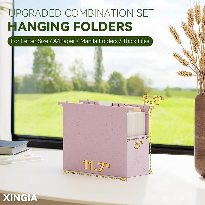 XINGIA Hanging File Folders Letter Size,1'' & 2'' & 3''Expandable File Cabinet Folders with Tabs,Extra Capacity Plastic Hanging File Organizer,12 Pack Pastel Wheat Straw Hang Folder for Office School