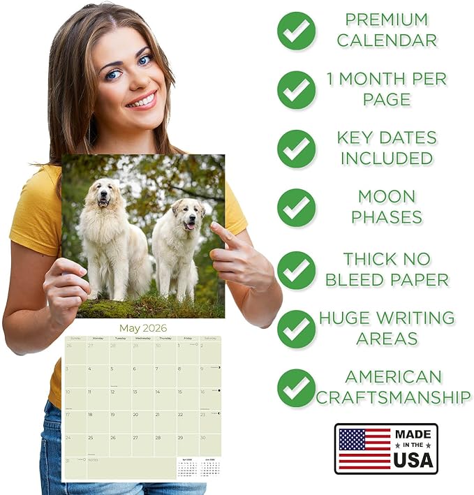 Great Pyrenese Calendar 2026 by MegaCalendars – Monthly Dog Breed Wall Calendar, Made in USA