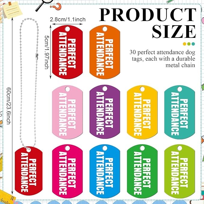 30 Sets Perfect Attendance Dog Tag Necklaces with Chains Student Incentives Acrylic Award Bulk Recognition Tag Education Rewards Prizes for School Classroom Teacher Supplies