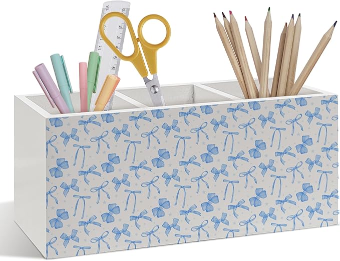 Blue Coquette Bow Pen Pencil Holder, Blue Bow Classroom Decor, Preppy Coquette Aesthetic Wooden Pen Pencil Organizer for Girly Girls Room Dorm Bedroom Playroom Office Desk Decor