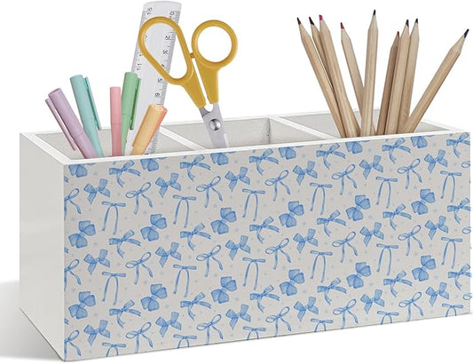 Blue Coquette Bow Pen Pencil Holder, Blue Bow Classroom Decor, Preppy Coquette Aesthetic Wooden Pen Pencil Organizer for Girly Girls Room Dorm Bedroom Playroom Office Desk Decor