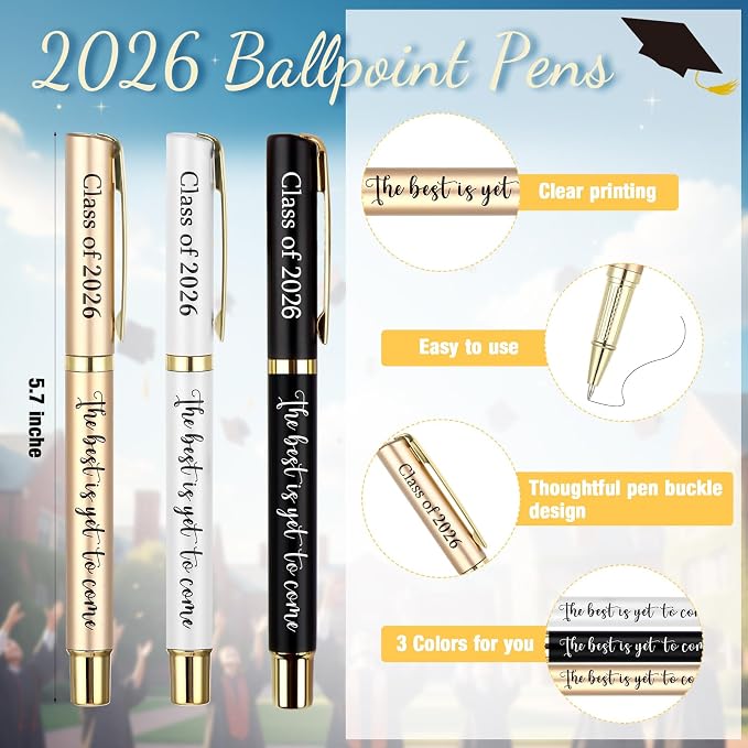 Affrolling 12 Sets Class of 2026 Graduation Gifts Bulk – Graduation Pens, Compass Bookmarks, Cards & Clear Gift Bags, Inspirational Party Favors for Students & Teachers(Black,White,Gold)