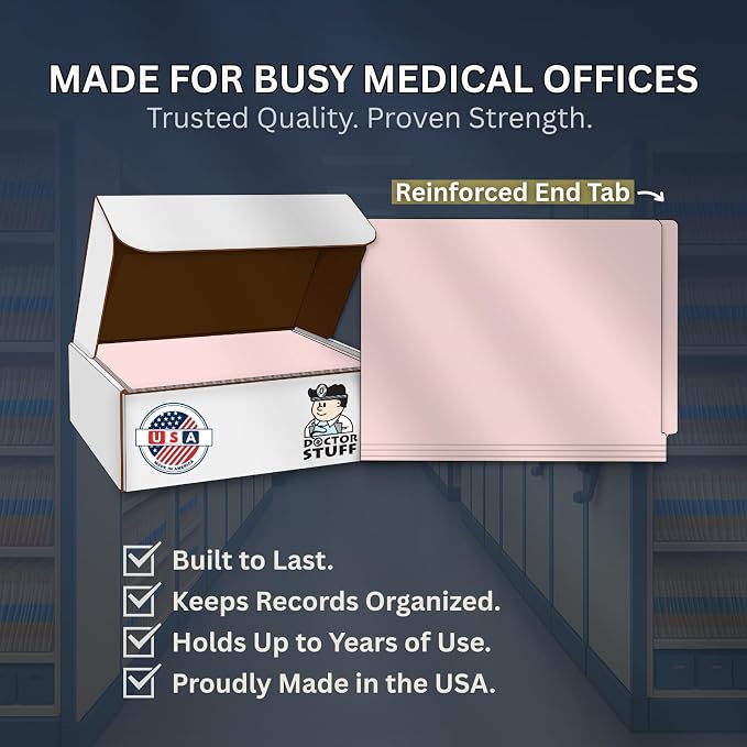 Pink File Folders, Doctor Stuff, Letter Size Reinforced End Tab Folder, 14 pt Stock, Box of 50