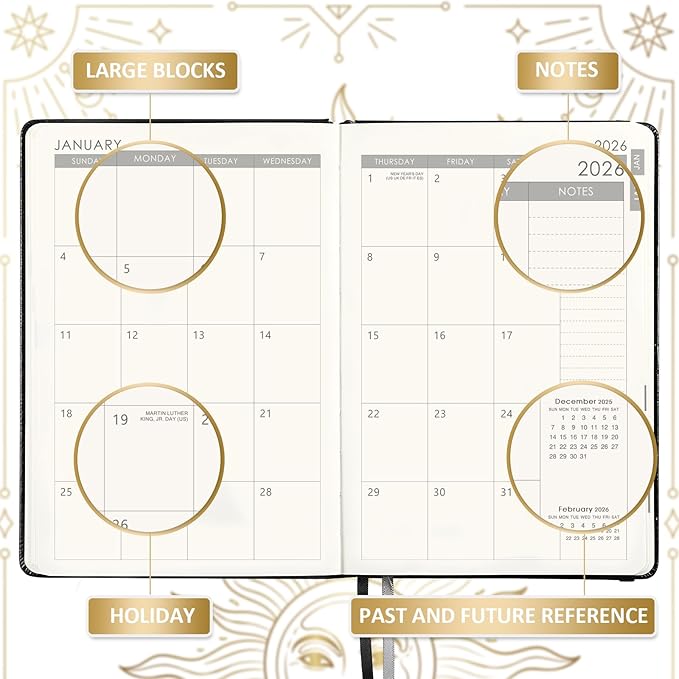 2026 Planner - Weekly Planner 2026, Jan. 2026 - Dec. 2026, 5.75" x 8.25", 2026 Weekly and Monthly Planner, Faux Leather planner 2026 with Back Pocket & 40 Notes Pages - The Sun