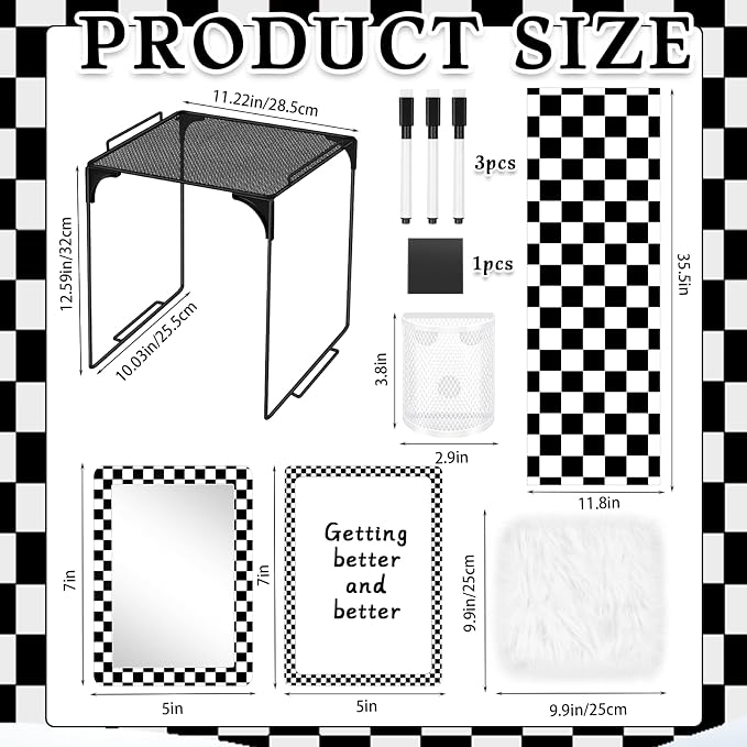 Demonwer 10 Pcs Locker Accessories Kit Black White Checkered Locker Organizer Magnetic Whiteboard Mirror Pen Holder Pen for Storage Organizing Shelf Back to School Party Supply