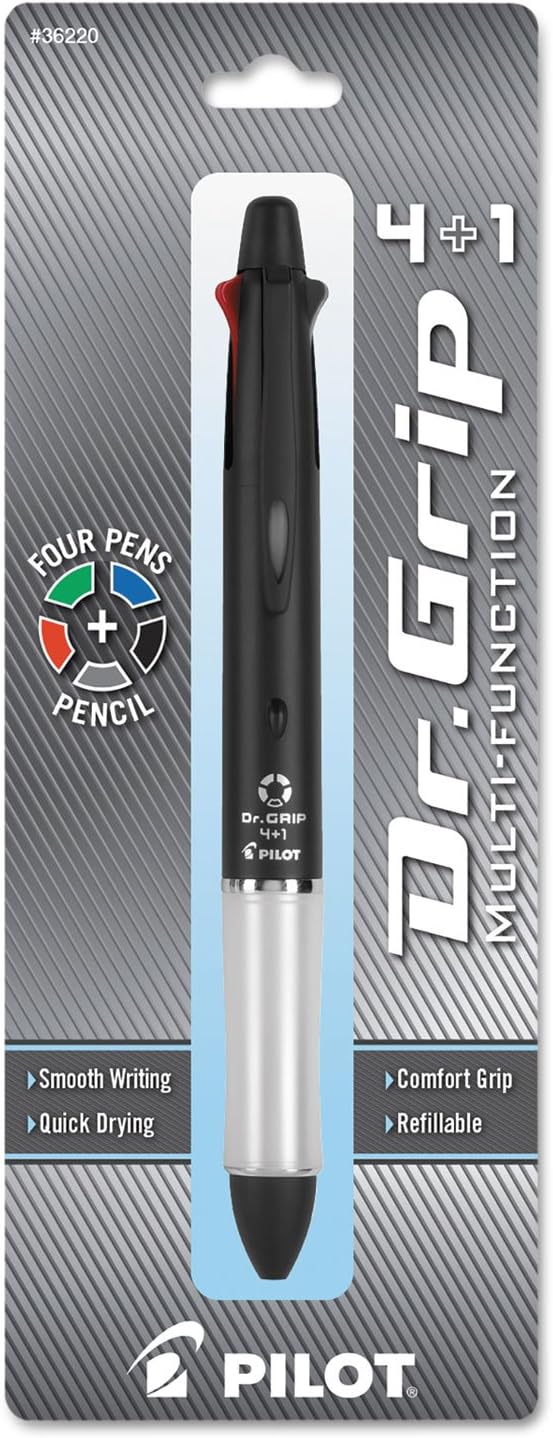PILOT Dr. Grip 4+1 Multi-Function Refillable & Retractable Ballpoint Pen + Pencil, Fine Point, Black Barrel, Black/Red/Blue/Green Inks, Single Pen (36220)