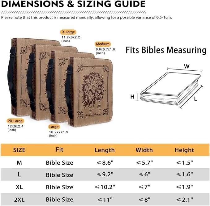 Vintage Religious Lion Bible Case with Bookmark Waterproof Bible Cover Case for Women Lightweight Bible Bag with Handle Pockets Church Book Bag Brown
