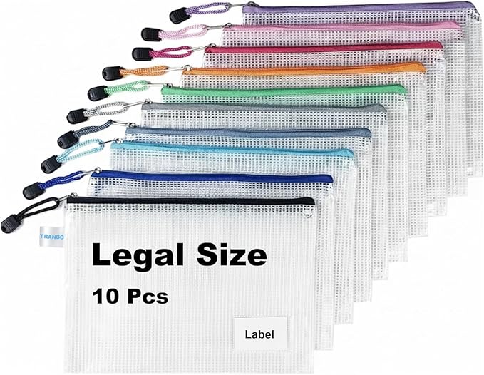 10 Pack Legal Size Mesh Zipper Pouch Bags with Label Pocket, Plastic Zip Lock Bag for Classroom Organization, Pouch for Travel Puzzle Board Game Storage -15.35 × 9.45 inch