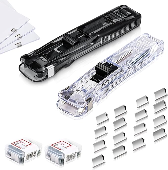 Portable Binder Clip Stapler with 100PCS Reusable Push Clips, Handheld Paper Clam Dispenser, Non-Destructive Desktop Stapler Alternative for Office School Home, Document Binding (2pcs-B)