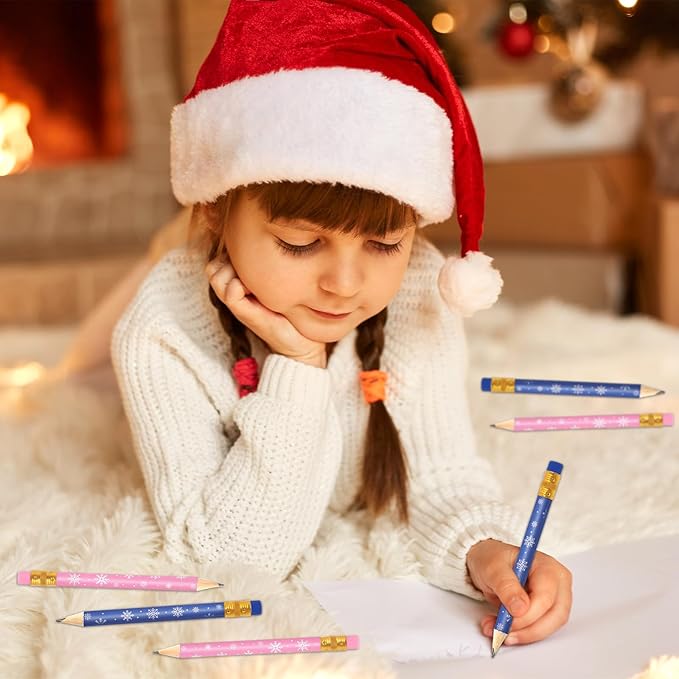JarThenaAMCS 50Pcs Winter Short Pencil with Eraser 4 in Pink Blue Snowflake Writing Pencil Wood Christmas Half Pencil for Classroom Office Stationery Gift
