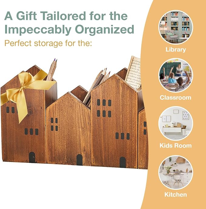4-piece Kids Wooden Study Desk Organizers - Whimsical Farmhouse Style Table Decor Storage Box for Teacher Supplies - Girls Room Pencil Holder for Desk - Art & Stationery Supplies Organizer