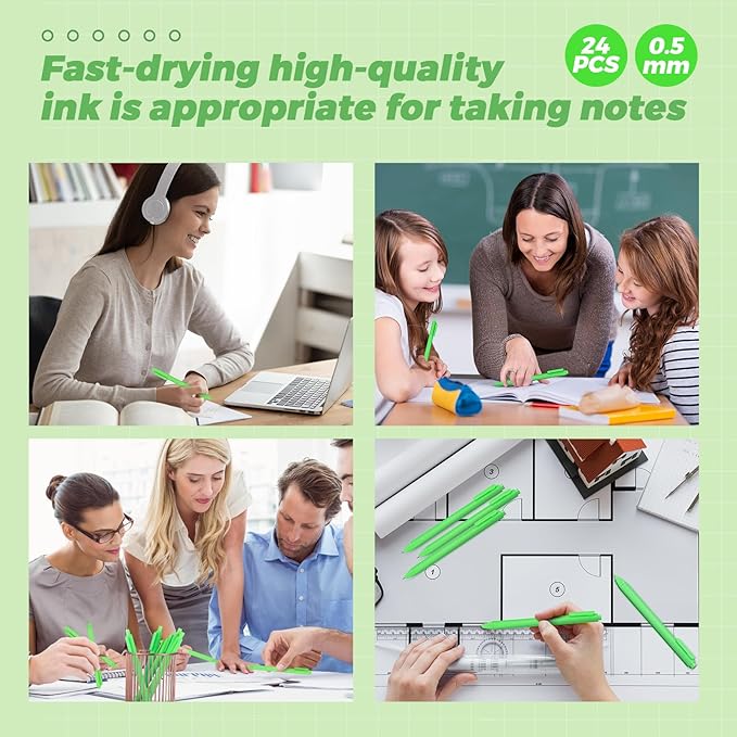 Cholemy 24 Pack Retractable Pens Bulk Pastel Gel Ink Pens 0.5mm Fine Point Tip Black Ink with Grip Smooth Writing for Journaling Note Taking School Supplies(Green)