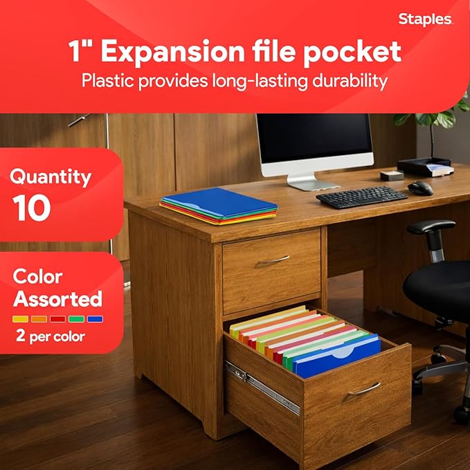Staples Poly Expanding File Jackets, Letter Size, Moisture‑Resistant Durable Poly Folders, Assorted Colors – 10/Pack