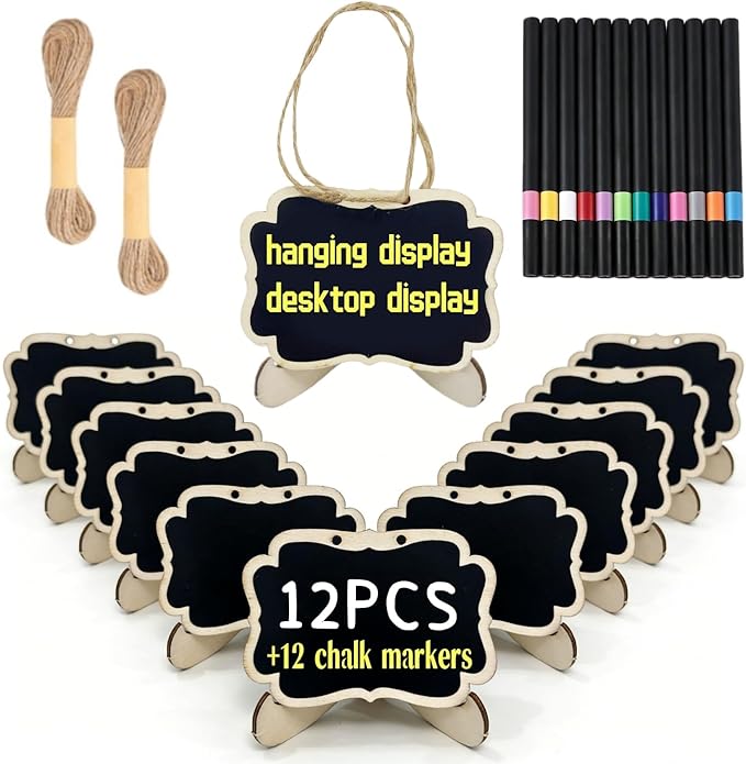 12 Pcs Reusable Mini Chalkboards Signs with Stands and Hanging String, Food Labels for Party Buffet, Small Double-Sided Blackboard for Weddings Birthday Table Numbers, Name/Price Tags, Place Cards