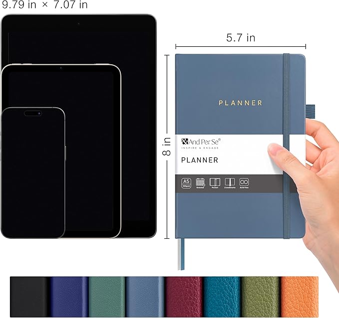 And Per Se Undated Weekly Planner 2026, A5 size Leather Hardcover Planner with Goals & Habit Tracker – ADHD Planner & Productivity Journal (Dark Blue)