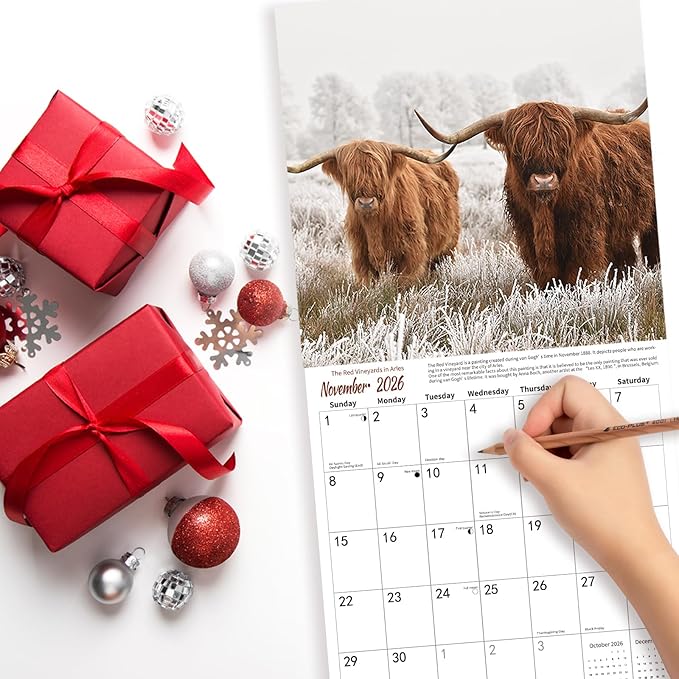 2026 Wall Calendar,Calendar 2026,Highland Cattle Monthly Wall Calendar, 12" x 24" Open,Family Planner Calendar, Home & Office Organizer,Hangable