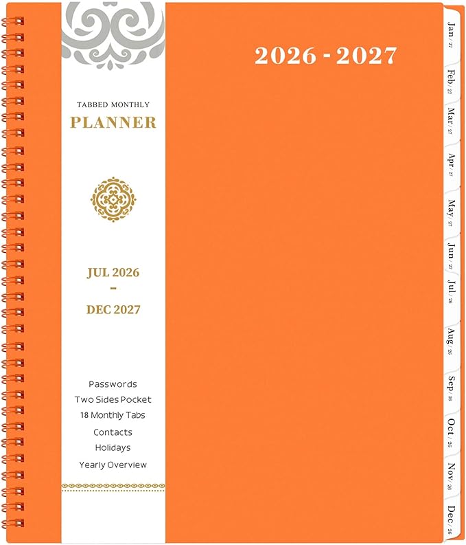Monthly Planner 2026-2027 - JUL 2026 - DEC 2027, Monthly Calendar 2026-2027, 18 Month Planners with Tabs & Pocket & Label, Contacts and Passwords, 9" x 11", Thick Paper, Twin-Wire Binding - Orange