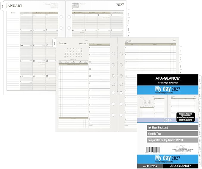 AT-A-GLANCE 2027 Planner Refill Daily & Monthly, 5.5" x 8.5", Desk Size 4, Two Page Per Day Refill, 7-Ring Loose-Leaf (481-225A-27)