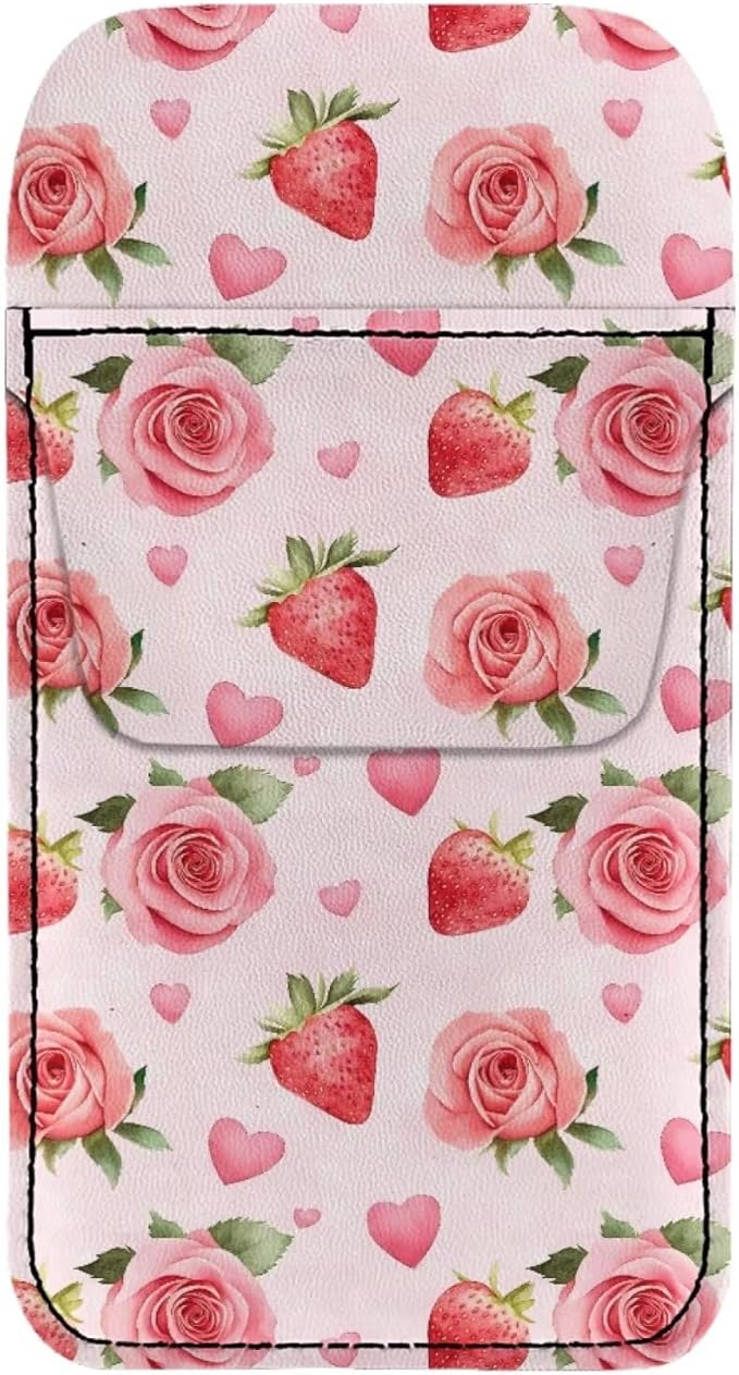 chaqlin Pink Rose Strawberry Print Pocket Protector, PU Leather Pen Pouch Holder Organizer for Shirts, Lab Coats, Pants - Pen Pocket Holds Pens, Pointers, Pencils, and Notes