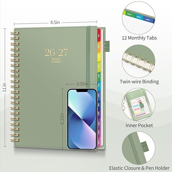 EMSHOI Academic Planner 2026-2027, Large A4 8.5x11, Weekly and Monthly Calendar (July 2026-June 2027), School Student Teacher Agenda Book, 100GSM Thick Paper, PVC Cover, Colorful Tabs, Light Green