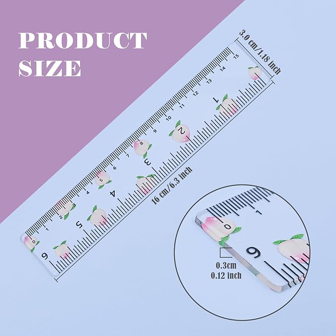 BAYTORY 4Pcs Transparent Acrylic Ruler 6 Inch, Clear Plastic Straight Rulers, Shatterproof Student Stationery Centimeters with Inches, for Classroom Essentials School Supplies (Fruit 6 Inch)