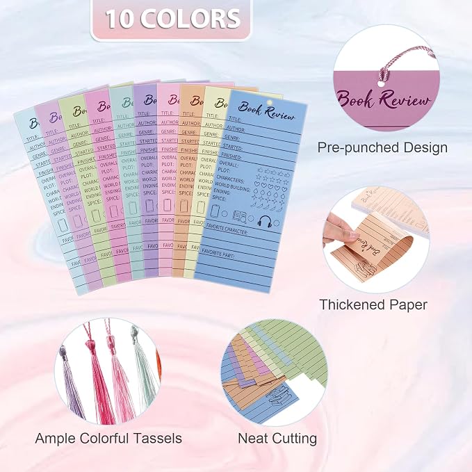 50 Pcs Colorful Book Review Bookmarks with 50 Bookmark Tassels Book Tracker Reading Log Page for Readers Bookish Gift, Reading Page Tracker for Students Teachers Women