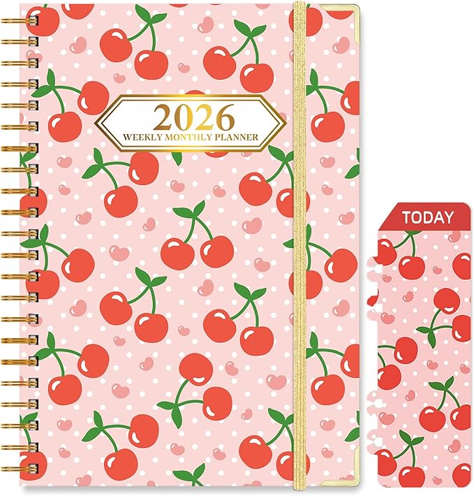 2026 Monthly Planner, Jan.2026 - Dec.2026 Weekly Monthly Planner 6.25"x8.5" with Page Tabs, Calendar Hardcover with Inner Pocket, Elastic Band, Twin-Wire Binding, Bookmark, Cherry Polka Dots