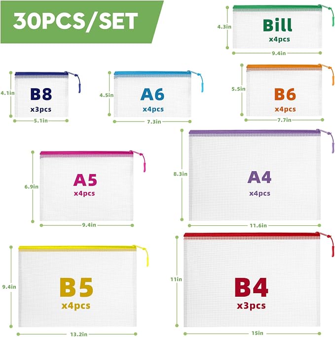 YOPCDJ 30pcs Mesh Zipper Pouch for Organization, Waterproof Zipper Pouches Colored PVC Travel Zipper Bags Clear Multipurpose Document Bags Suitable for Travel, School, Board Game and Office Supplies