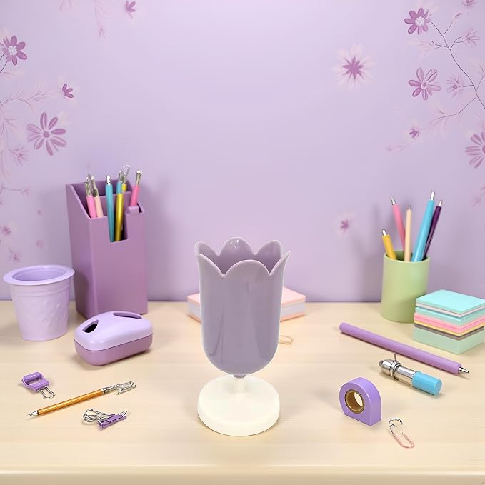 Purple Pen Holder for Desk, Plastic Tulip Pen Holder Girl Small Makeup Box Cute Stationery Organizer Pencil Stand Case Pencil Cups Desktop Decoration Pencil Holders Desk Supplies Holders