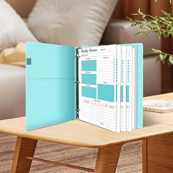 3-Hole Weekly Planner Refills - 53 Sheets/106 Pages Weekly Planner for 3 Ring Binders, 100 gsm White Paper, Lasts 1 Year, Undated, 8.5'' x 11'', Teal