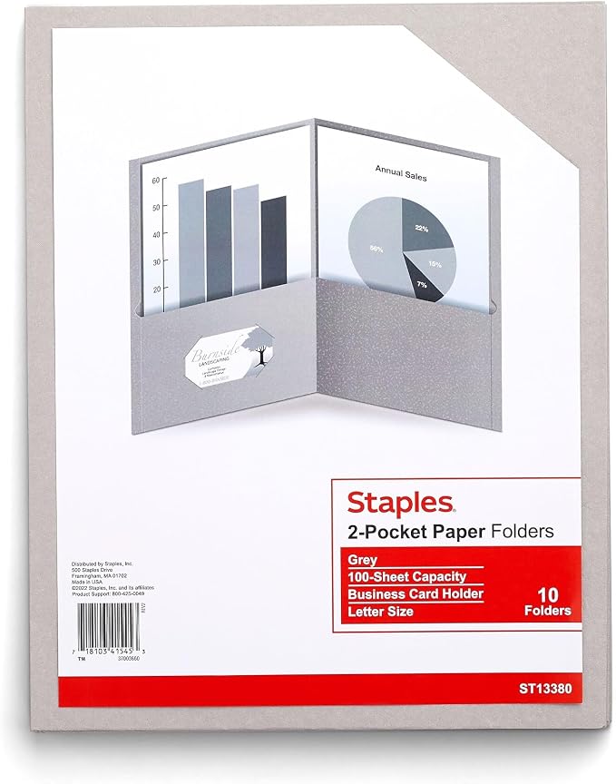 Staples 2-Pocket Paper Folder, Gray – Letter Size School & Office Folder for Documents and Reports