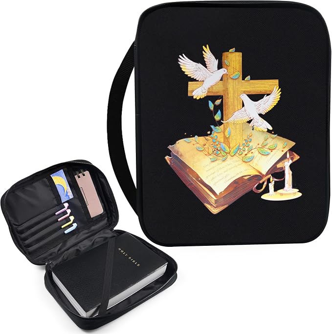 Bible Cover for Women & Men, Bibles Study Supplies Covers with Zipper for Journaling Accessories Kits-Book Carrying Travel Case for Teens Black Tote Church Bag for Bible Study