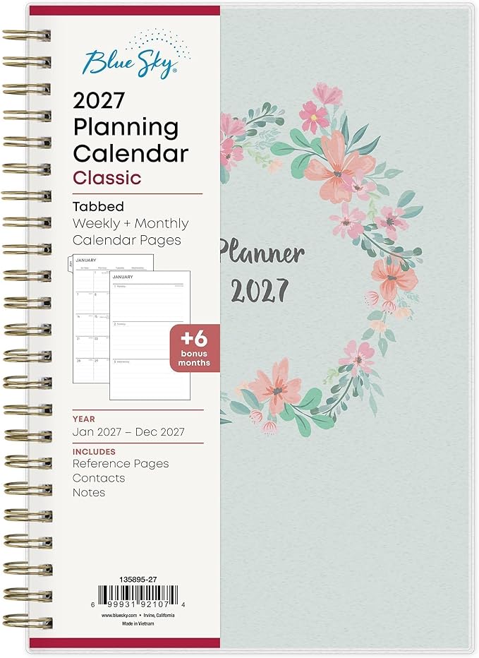 Blue Sky 2027 Weekly and Monthly Planner Calendar, January 2027 - December 2027, 5" x 8", Flexible Frosted Cover, Laminated Tabs, Durable Twin Wire Binding, Laurel