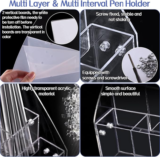 Clear Pen Display Stand-3 Tier ＆ 15 Grid Trapezoidal Acrylic Pen Holder Transparent Pencil Holders Acrylic Organizer Desktop Stationery Organizer Office Desk Accessory for Stationery Store,Home