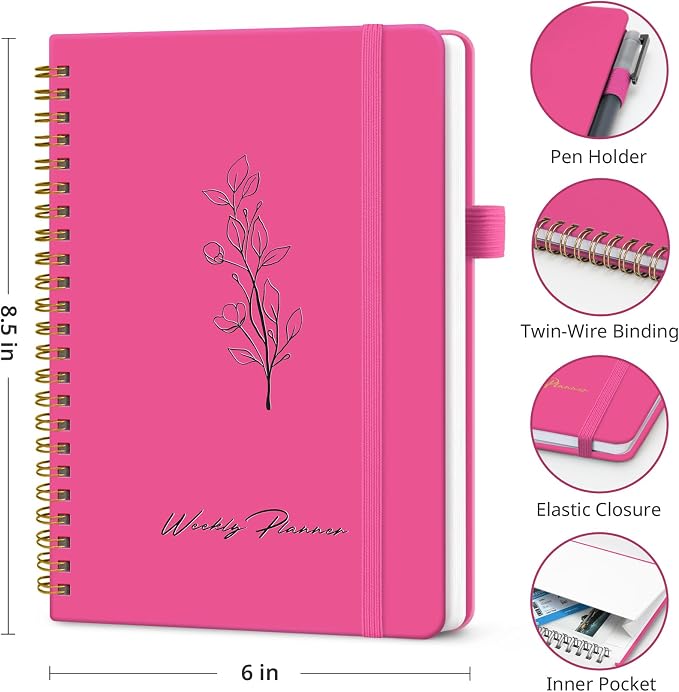 Taja Undated Weekly Planner, Weekly To Do List Notebook with Goal & Habit Tracker Organizer, A5 Weekly Planner Notebook with Spiral Binding, 6.1" x 8.2" - Berry Pink