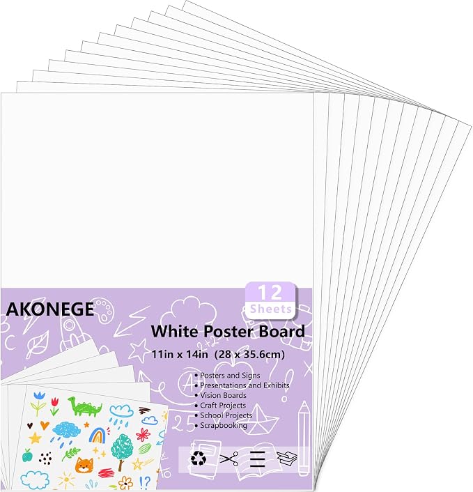 AKONEGE 12PCS Poster Board 11" x 14" White Poster Paper Bulk, 250GSM Thickness Vision Boards Blank Graphic Display Posterboards for School Arts Crafts Projects Drawing Office Presentations Supplies