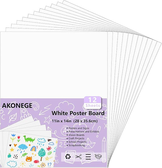 AKONEGE 12PCS Poster Board 11" x 14" White Poster Paper Bulk, 250GSM Thickness Vision Boards Blank Graphic Display Posterboards for School Arts Crafts Projects Drawing Office Presentations Supplies